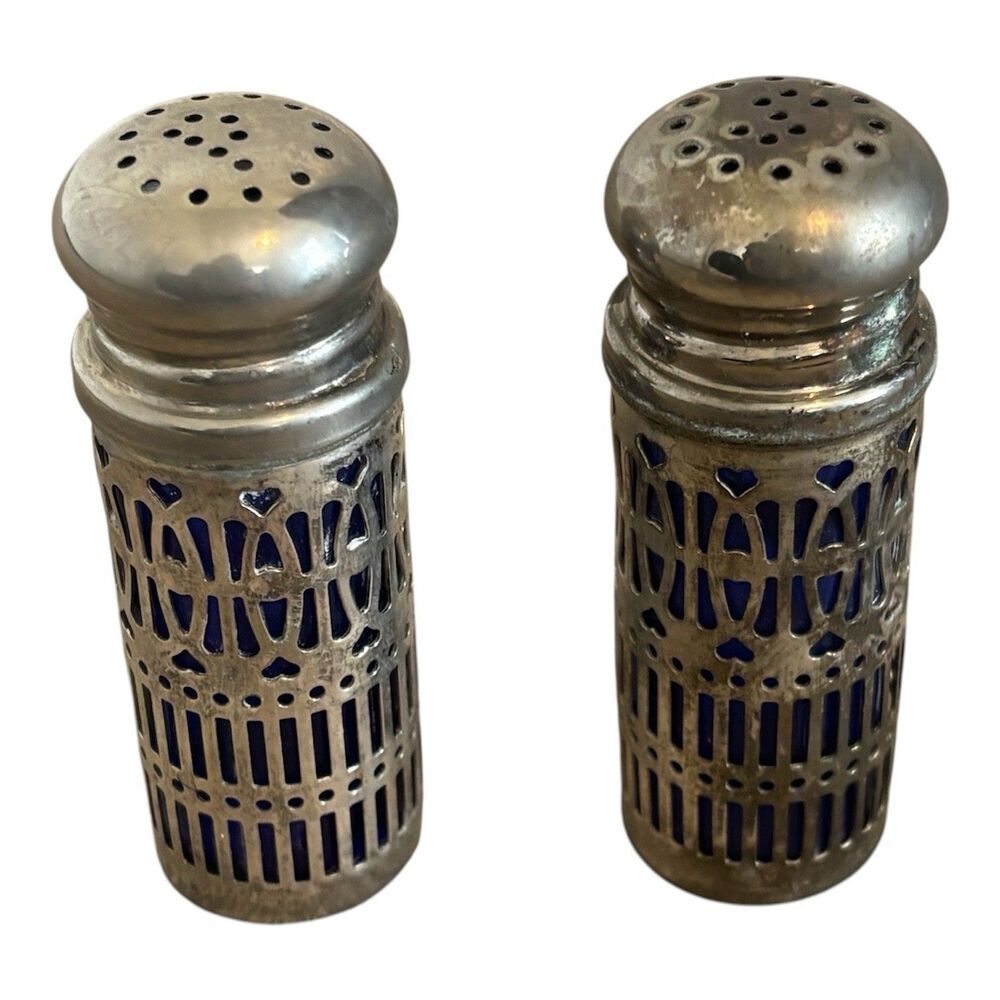 GODINGER Filigree Cobalt/Blue Glass Salt Pepper Shakers VTG Art Deco Set 2.5in